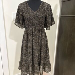 Mikarose Black Dress with Beige Floral Print Midi